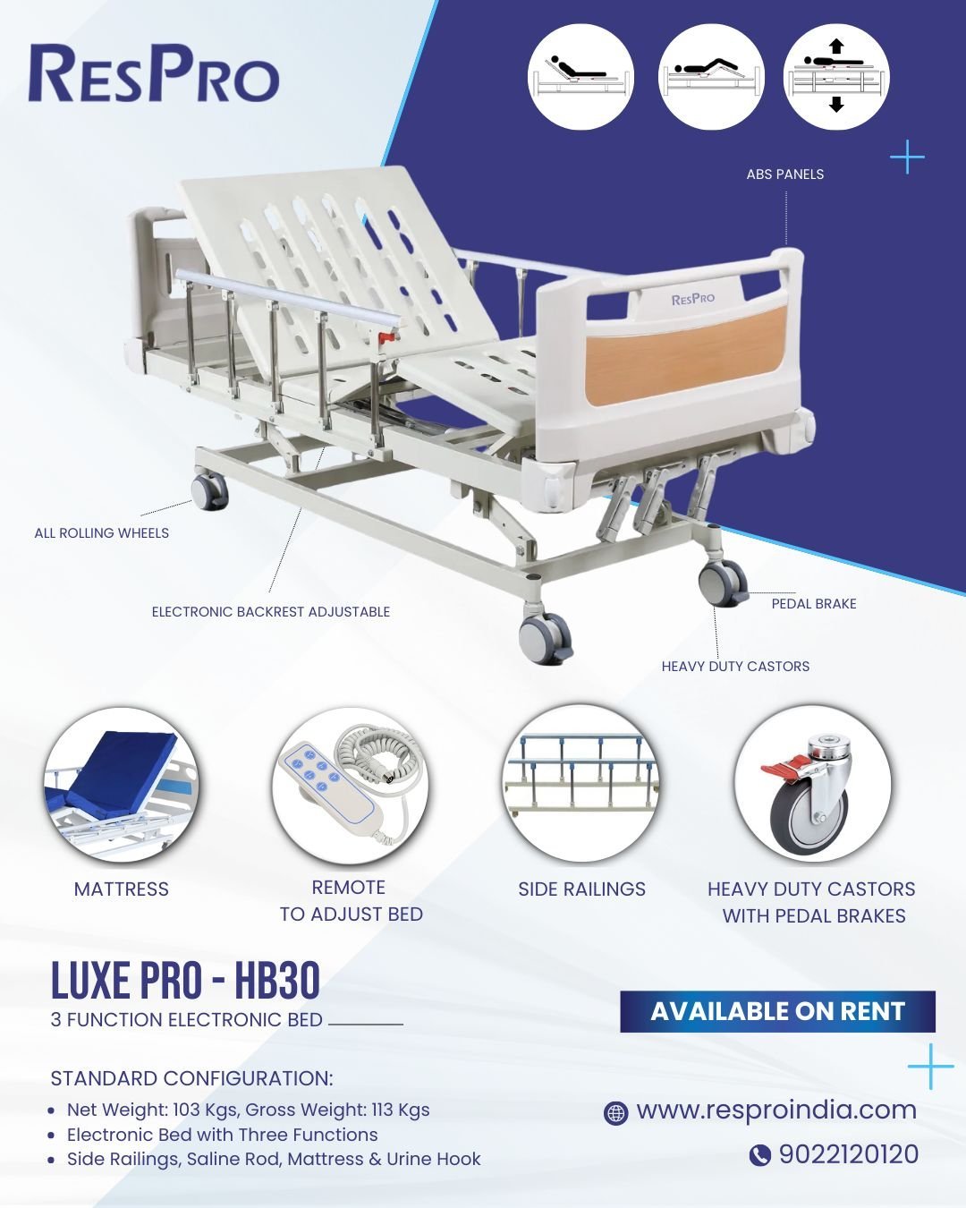 ResPro HB30 3 Function Electric ICU Hospital Bed | Automatic Motorized Adjustable Bed - Image 4